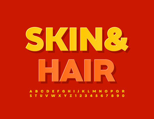 Vector bright sign Skin and Care. Yellow trendy Font. Stylish Alphabet Letters and Numbers set
