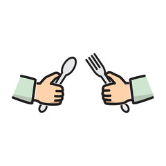 vector illustration of a hand holding a spoon and fork, suitable for eating symbols, food stalls