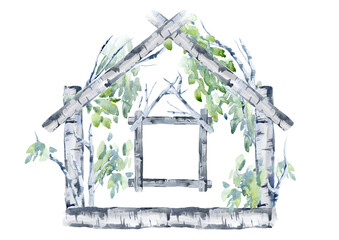Floral house.Frame of a birch tree.Garland of a branches.Watercolor hand drawn illustration.It can be used for greeting cards, posters, wedding cards. - 488930925