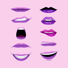 Fototapeta na wymiar Set of mouths Expressions. Different lips forms. Vector illustration