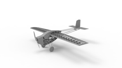 3D rendering of the casis of a small model propellor airplane chasis. Isolated in studio background.