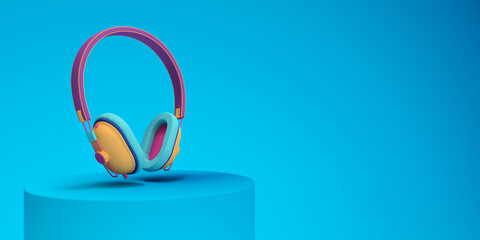 Abstract colorful retro headphones on blue background pastel color 3d render illustration
