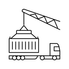 crane loading container on truck in port line icon vector illustration