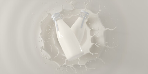 Milk bottle whit splash and wheat mockup
