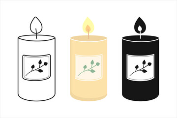 Aromatic candle set. Paraffin candle outline, silhouette, flat illustration. Logo home decor, aromatherapy, spa, beauty. Isolated on white background