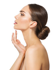 Woman Face Profile. Perfect Women Nose Side view. Facial Model showing with Finger on Slim Chin and Neck. Facelift Massage and Plastic Surgery Concept over White isolated - 488932938
