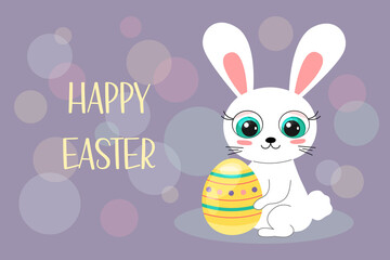 Happy Easter greeting card. Cute cartoon Bunny sitting and holding Easter colorful egg. Funny rabbit character smiling. Vector flat illustration