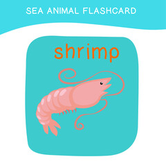 Cute sea animal flashcard for preschool children. English name with cartoon animals set. Card games for kids. Vector illustration.