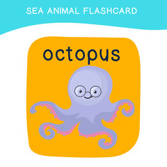 Cute sea animal flashcard for preschool children. English name with cartoon animals set. Card games for kids. Vector illustration.