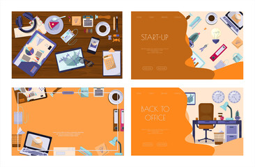 Flat vector banner template for office, business solutions, startup, time management, planning and strategy. Modern cartoon illustration concepts for website, office work, freelance, distance work
