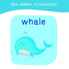 Cute sea animal flashcard for preschool children. English name with cartoon animals set. Card games for kids. Vector illustration.