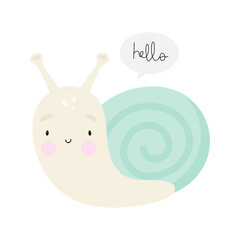 Cute Little Snail in cartoon style. Kids vector illustration. For kids stuff, card, posters, banners, children books, printing on the pack, printing on clothes, wallpaper, textile or dishes.