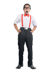 Asian nerd with ugly face standing