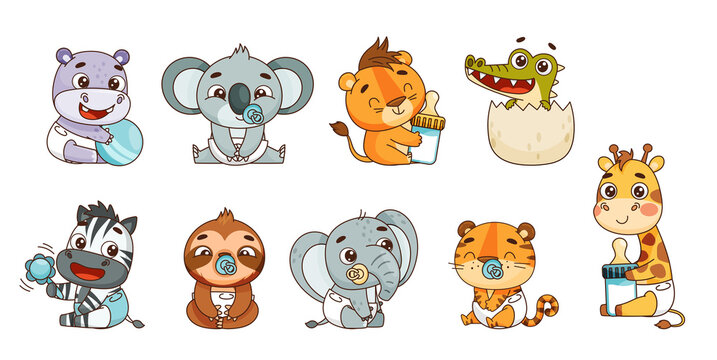 Tropical animals newborn set with pacifier, bottle, diapers, rattle. Hippo, lion, elephant, giraffe, crocodile, zebra, sloth, tiger, koala. Vector illustration for designs, prints, patterns. Isolated