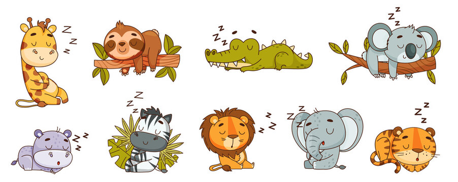 Set kids tropical animals sleep with the sound Zzz. Hippo, lion, elephant, giraffe, crocodile, zebra, sloth, tiger, koala. Vector illustration for designs, prints, patterns. Isolated on white