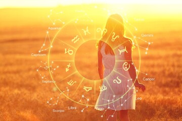 Zodiac signs inside of horoscope circle astrology and horoscopes concept on woman background - obrazy, fototapety, plakaty