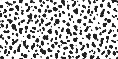Dalmatian coloration banner. Black abstract organic blobs on white background. Black dalmatian spots on a white backdrop. Animal print. Vector hand drawn illustration.