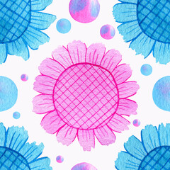 Watercolor seamless pattern with stylized sunflowers and hatching