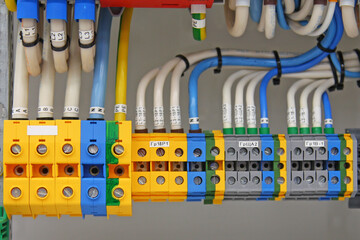 Electrical terminals for connecting mounting wires in an electrical panel close-up.