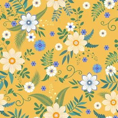 Abwaschbare Fototapete Floral seamless background. Various flowers on a yellow background. © Светлана Губенко