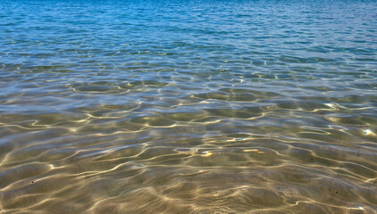 Sea abstract or rippled water texture background. Calm water surface texture with splashes and waves. Abstract nature background. Surface of blue ocean water.