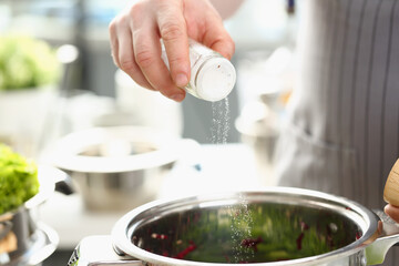 Professional cook hold saltcellar and add salt to soup against kitchen background