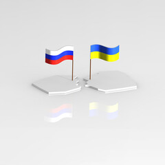 the flags of Ukraine and Russia stand side by side on different islands on gray background. Reflection of flags on surface. Split of union. Square image. 3D image. 3D rendering.