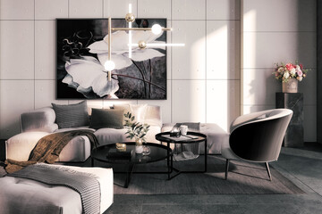 Cute Sitting Group Inside a Modern Style Apartment With Artwork - 3D Visualization