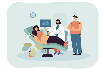 Doctor or sonographer scanning abdomen of pregnant woman. Examination of girl using ultrasound scanner flat vector illustration. Pregnancy, gynecology, sonography concept for banner, landing web page