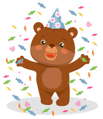 Funny bear in a cap and flowers under the confetti of sweets and hearts.