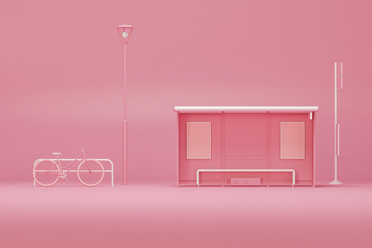 City bus stop and bicycle, street light on pastel pink background. Creative composition. Light background with copy space. 3D render for web page, presentation, studio.
