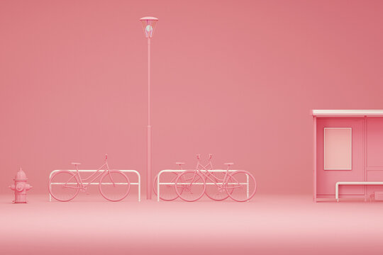 City bus stop and bicycle, street light on pastel pink background. Creative composition. Light background with copy space. 3D render for web page, presentation, studio.
