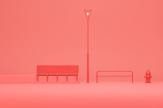 Park bench, fire hydrant and street light in plain monochrome red color.  Creative composition. Light background with copy space. 3D render for web page, presentation, studio.
