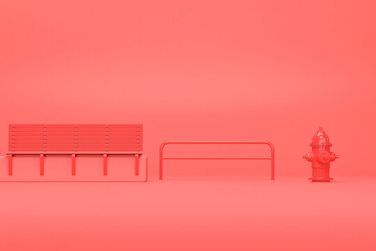 Park bench, fire hydrant and street light in plain monochrome red color.  Creative composition. Light background with copy space. 3D render for web page, presentation, studio.
