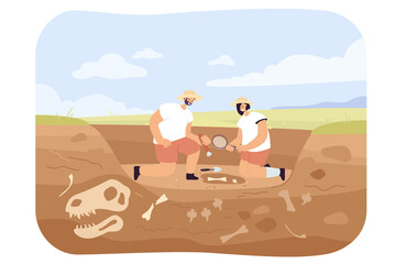 Cartoon archaeologists discovering dinosaur fossils in ground. Man and woman finding bones underground flat vector illustration. Paleontology, archeology concept for banner or landing web page