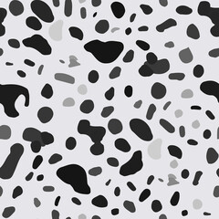 Dalmatian abstract pattern. Random spots and blots of various shapes. Seamless pattern with geometric black shapes on white. The texture of the skin of wild animals, giraffe, cheetah, cow. Vector illu