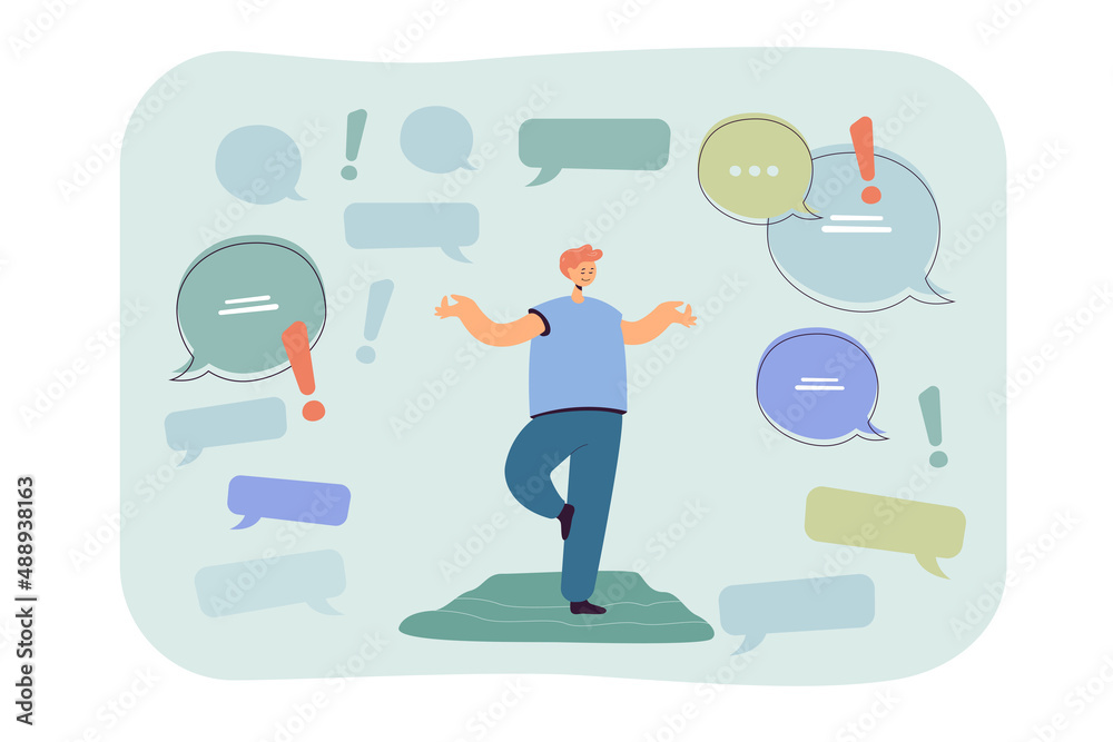 Poster man standing in tree pose surrounding by text bubbles. person staying focused in flow of information