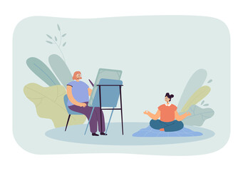 Girls doing yoga and painting on easel flat vector illustration. Women taking care of yourself, devoting time to hobby. Self-love, peace concept for banner, website design or landing web page