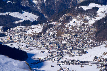 Aerial view of mountain panorama at the Swiss Alps seen from ski resort Engelberg, focus on...