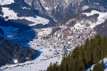 Aerial view of mountain panorama at the Swiss Alps seen from ski resort Engelberg, focus on...