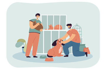 Cartoon volunteers adopting homeless cat and dog from shelter. Kitten in cage, man playing with puppy flat vector illustration. Animal care, pets concept for banner, website design or landing web page