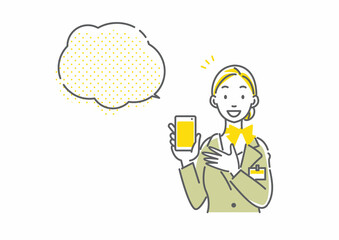 スマホの画面を見せるスーツの女性　シンプルでお洒落な線画イラスト