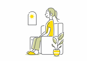 心地の良い待合室のソファで待っている女性　シンプルでお洒落な線画イラスト