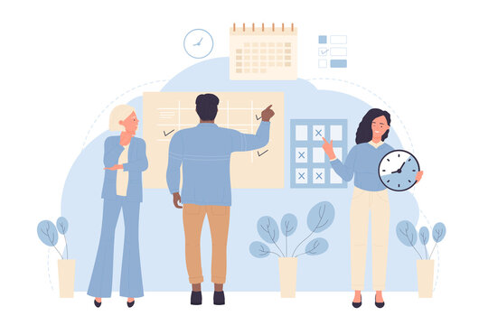Time management and office planning vector illustration. Cartoon tiny productive employees organize work tasks with schedule timetable, calendar and clock. Business organization, plan concept