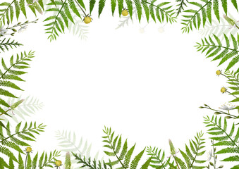 Naklejka na ściany i meble Lovely green frame with large fern leaves and cute buds. Hand drawn empty border template on white background
