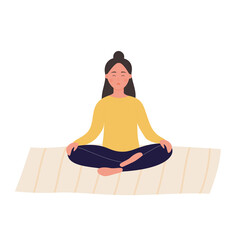 Girl on mat meditating in yoga lotus position. Practicing body health and mindful harmony cartoon vector illustration