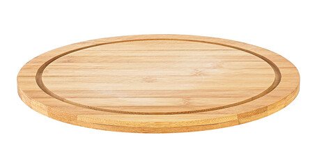 Empty round bamboo pizza board isolated on а white background. Wooden plate for meat and vegetable.
