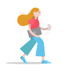 Girl with phone and laptop in headphones in flat style
