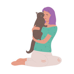 Cheerful teenager girl holding her lovely cat. Sitting girl embracing family domestic pet cartoon vector illustration