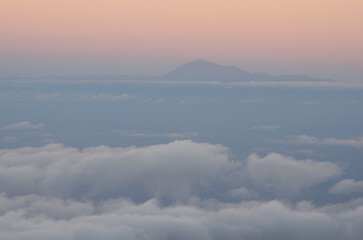 Island of Tenerife with the Teide Peak from La Palma at sunset. Canary Islands. Spain.